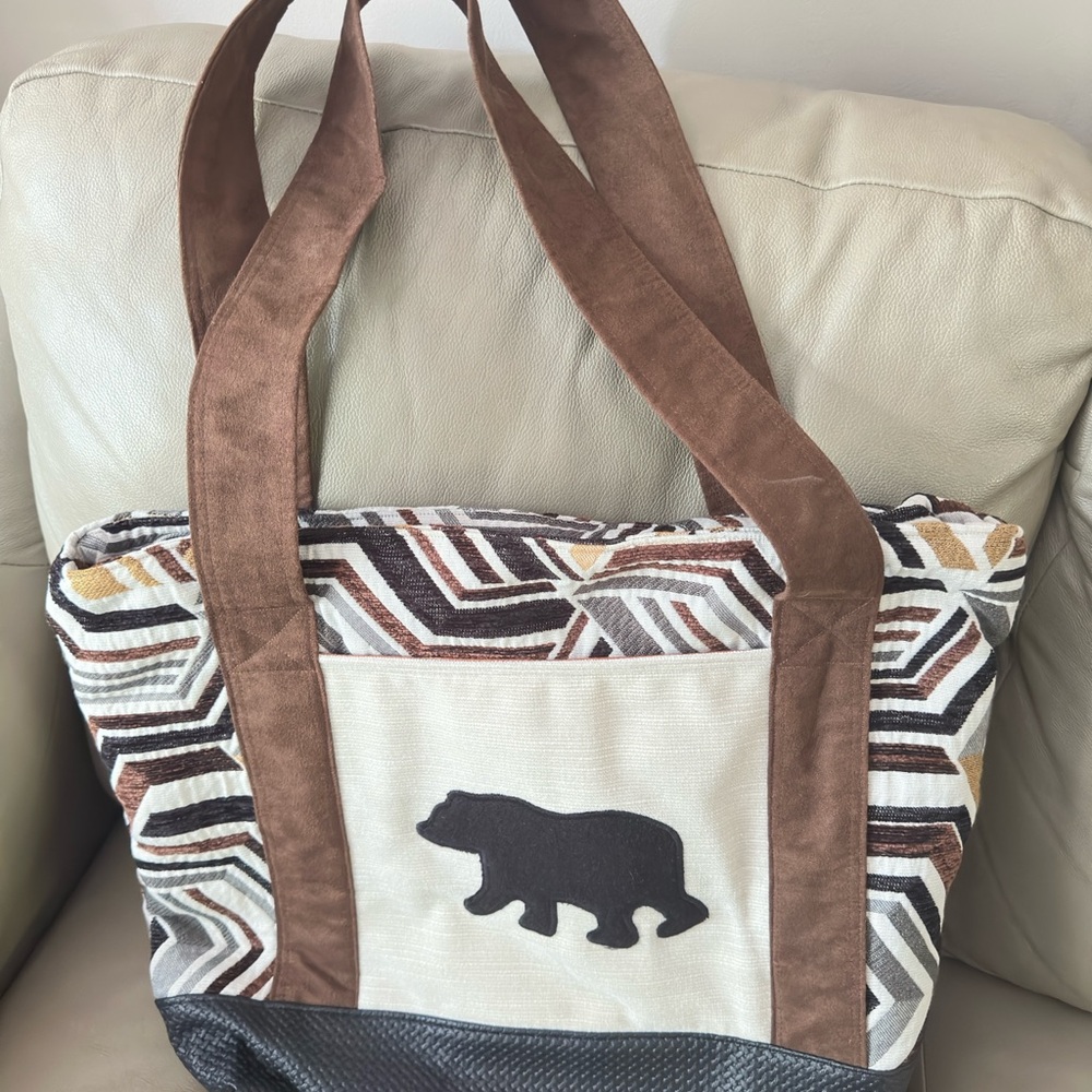 Brown and Cream Tote Bag with Bear Design